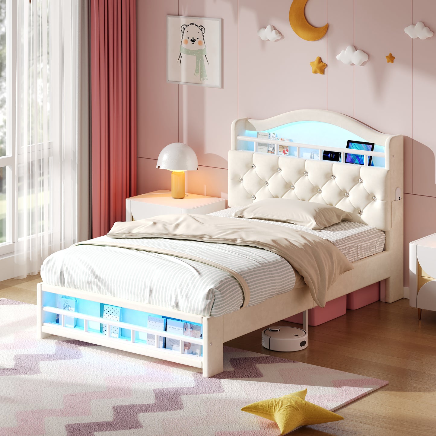 3ft Single Upholstered Velvet Bed Frame, LED Bed Frame With Charging Station & Diamond Tufted Headboard, Concealed Headboard Storage With USB And Type - C Ports, Easy Assembly, Beige No Mattress
