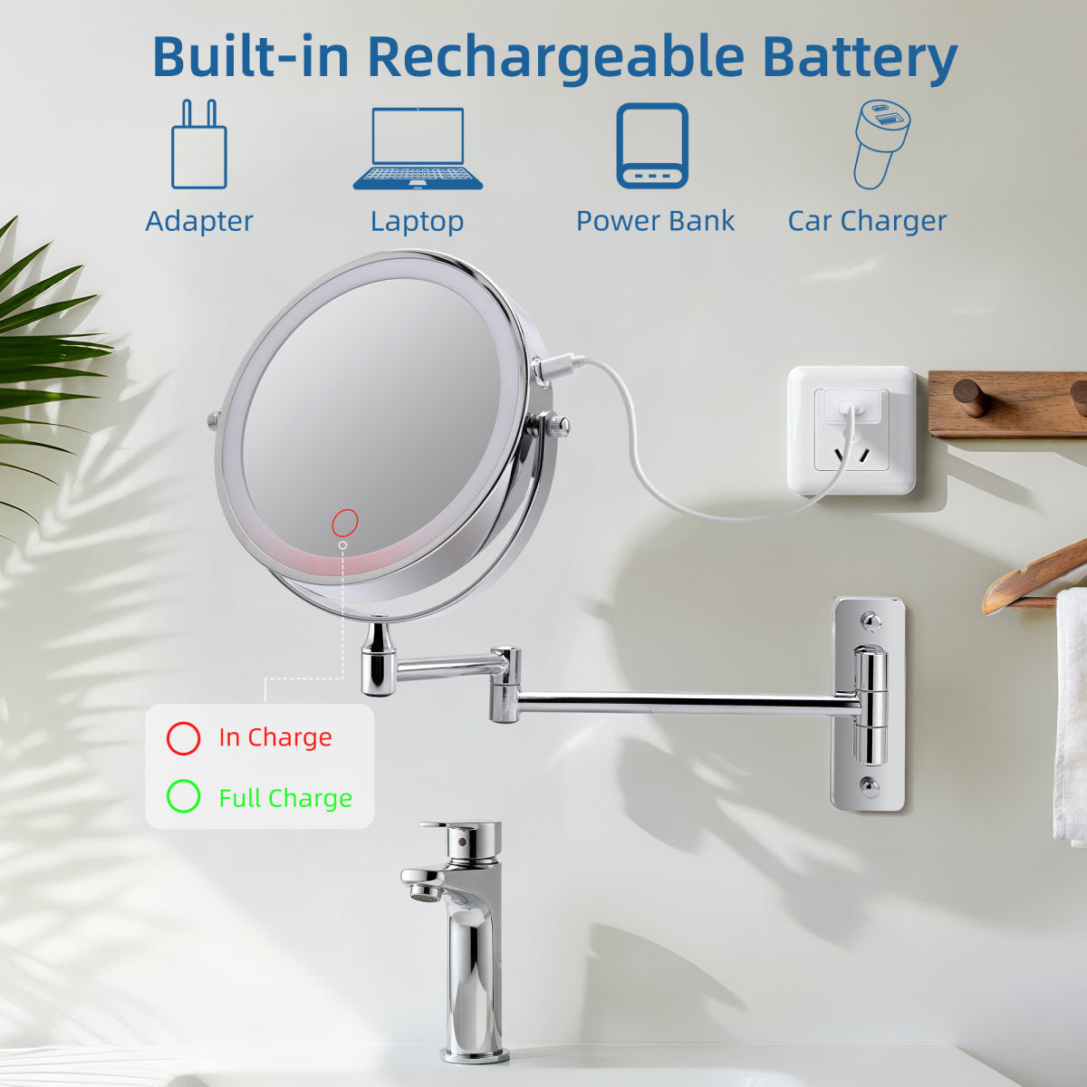 Wall Mounted Lighted Makeup Mirror,1000mAh Rechargeable Double Sided 1X 10X Magnifying Mirror With Light,3 Color Lights,Touch Dimmable,Extended Arm 360 Rotation Wall Mounted Makeup Mirror