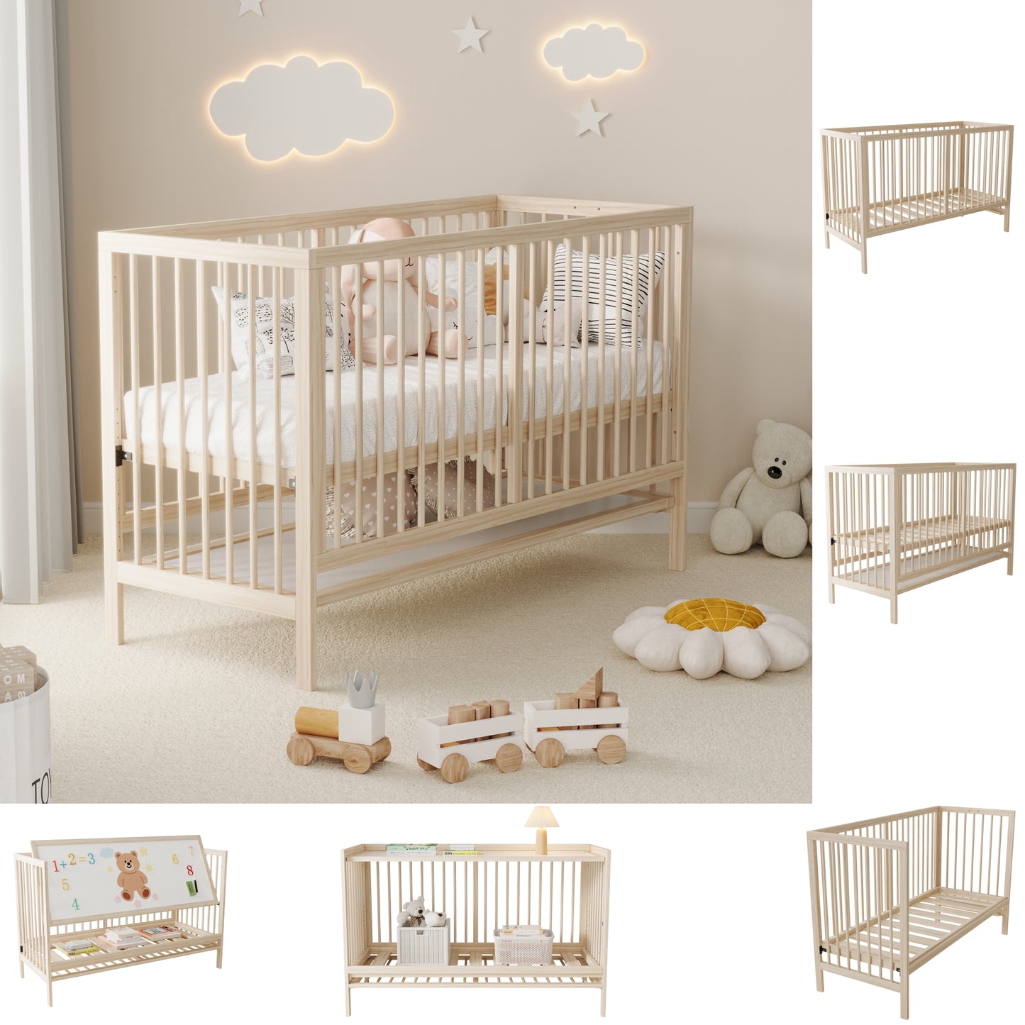 Wooden Baby Bed, Multifunctional Baby Bed, Convertible Into Side Bed  Painter's Board Stand   Desk, Height Adjustable, Without Mattress, Made Of Spruce, Natural Color, 140x60x90cm