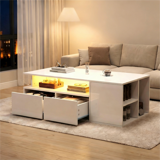 100x50x35cm Tea Table With LED, Living Room Coffee Table, Sofa Table With 2 Drawers, Coffee Table With Total Load Capacity Of 60kg, White Living Room Table With Plenty Of Storage