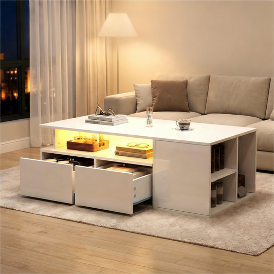 100x50x35cm Tea Table With LED, Living Room Coffee Table, Sofa Table With 2 Drawers, Coffee Table With Total Load Capacity Of 60kg, White Living Room Table With Plenty Of Storage