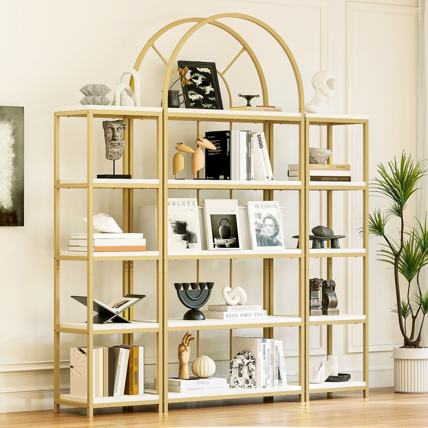 163X30X184 Cm Standing Shelf Set  Modular Bookcase With Gold Metal Frame & White MDF Shelves, 3-Piece Shelf With Arch Design, Display Shelf For Living Room, Kitchen & Office Display Cabinet, Shelf, B