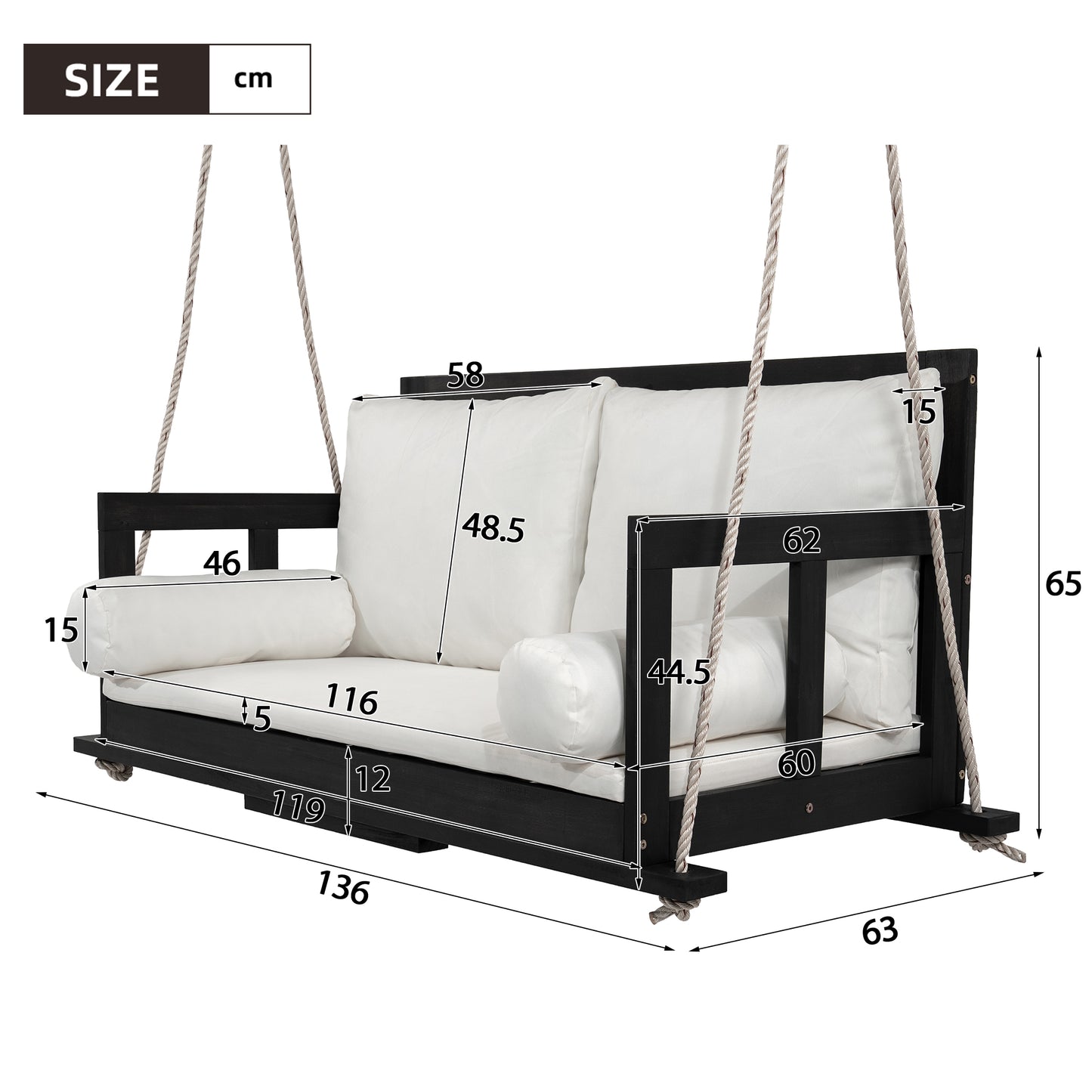 Swing Double Seat, Hanging Swing For The Outdoor Garden, Including Cushions And Two Ropes, Frame Not Included. The Cushion Is Removable And Washable. Made Of Acacia Wood, Black Beige