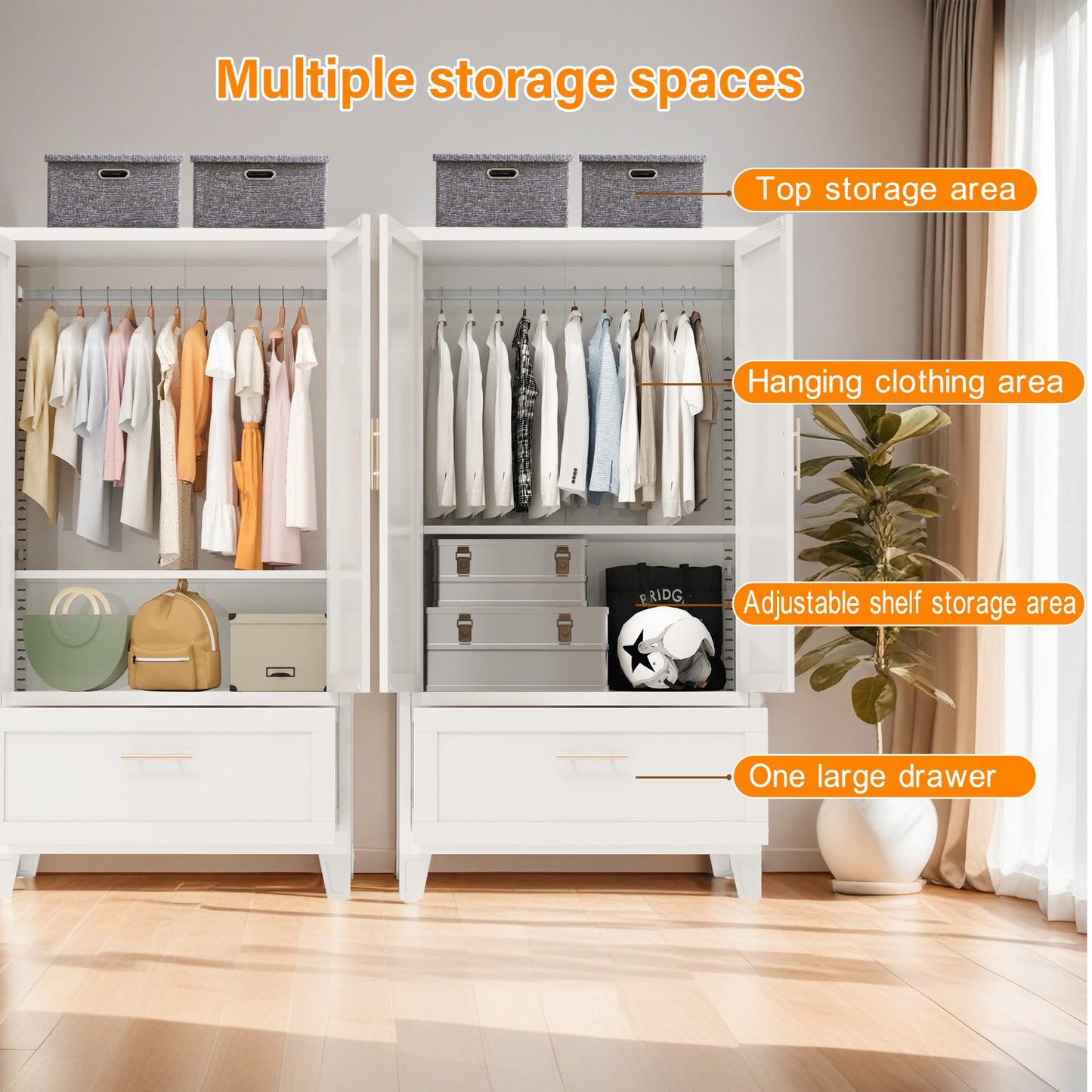60inch Tall Metal Wardrobe Cabinet With 1 Drawer And Hanging Rod, 2 Doors Wardrobe Closet With Shelf For Bedroom, Office, Laundry Room,Entryway ,Foyer,Guesthouse White