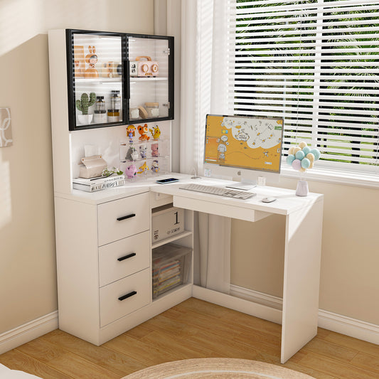Computer Desk With Glass Cabinets & Built-In LED Lights, Corner L-Shaped Office Desk With USB Charging Ports, Keyboard Tray, Ergonomic Design For Home And Corporate Workspaces White