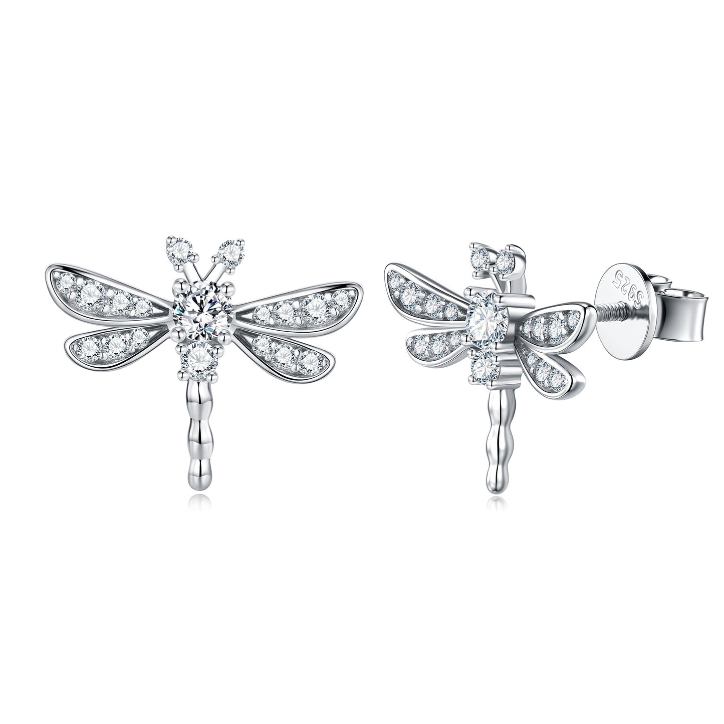 S925 Sterling Silver Dragonfly Stud Earrings, D-VVS1 Moissanite, Platinum Plated 3g, Women's Jewelry Gift Box Set