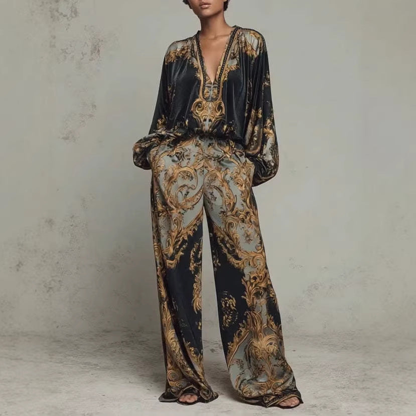 Womens Early Spring Resort-Style V-Neck Korean Fleece Print Set For Women