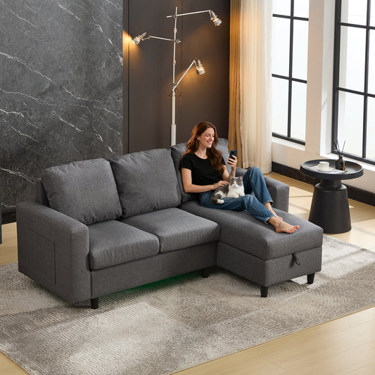 L-Shaped Couch Sofa With Storage, 3 Seater Corner Sofa With USB, LED Lights, Sofa Couches With Side Pockets For Apartment Living Room, Office, Grey, 180x120x72cm