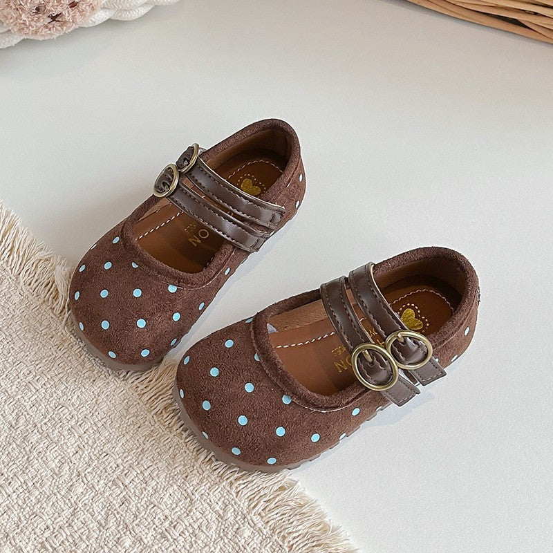 2026 Spring & Autumn New Kids Forest Style Polka Dot Leather Shoes, Korean Style Girls Shallow Mouth Princess Shoes, Soft Sole Casual Flats