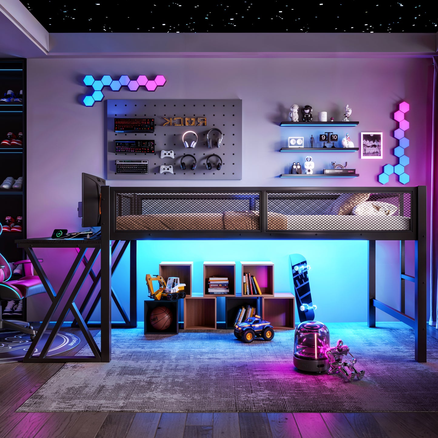 Twin XL Size Gaming Loft Bed With Desk Of X-shaped Leg ,LED Lights, USB Ports, Staircase & Mesh Guardrail - Black Metal Frame, Space-Saving Elevated Bed For Dorms, Bedrooms, & Gaming Setups