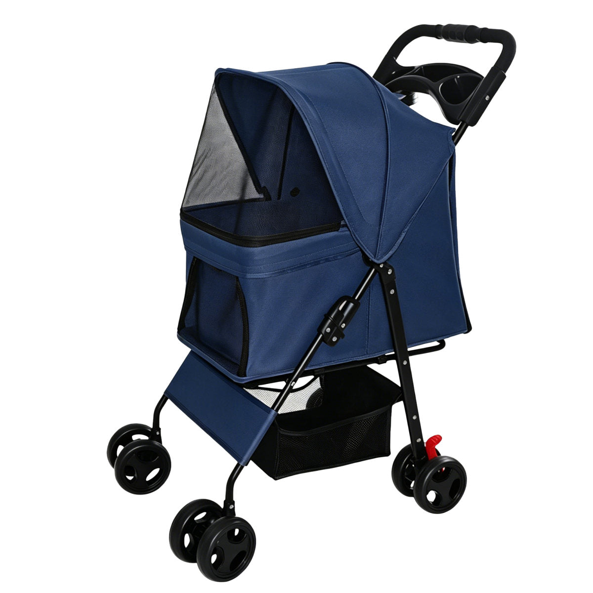 Foldable Pet Stroller for Small Dogs and Cats Under 28 lbs with Multi-Functional Tray, 2 Safety Leashes, Storage Basket & Breathable Mesh, 4 Wheels Pet Stroller, Blue