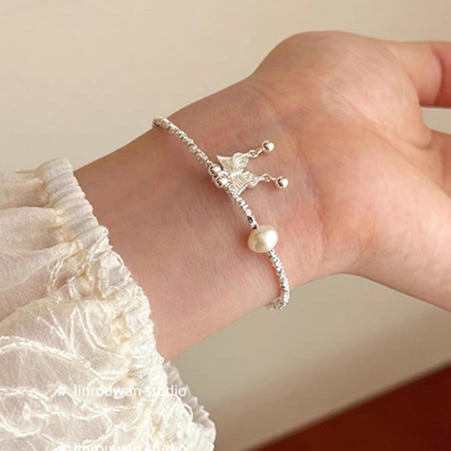 1pc 999 Sterling Silver Butterfly & Pearl Bracelet, Delicate Style, Perfect For Daily Wear And Valentine's Gift
