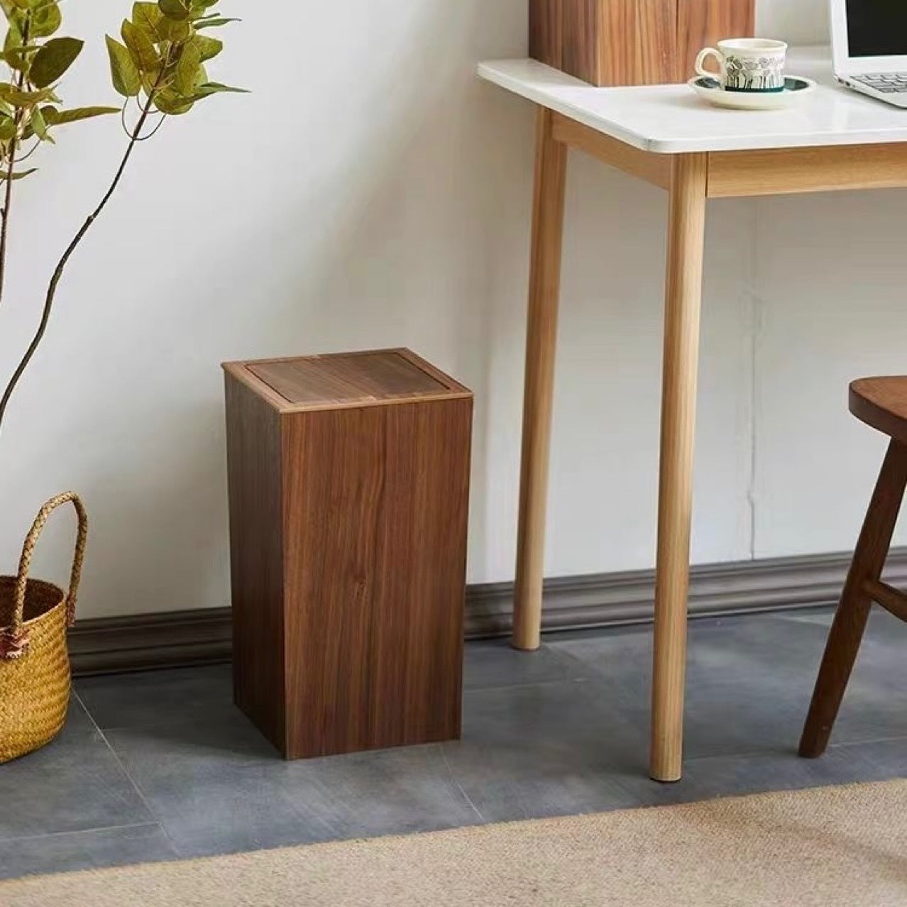 Household Wooden Trash Can With Lid For Bedroom Living Room And Office