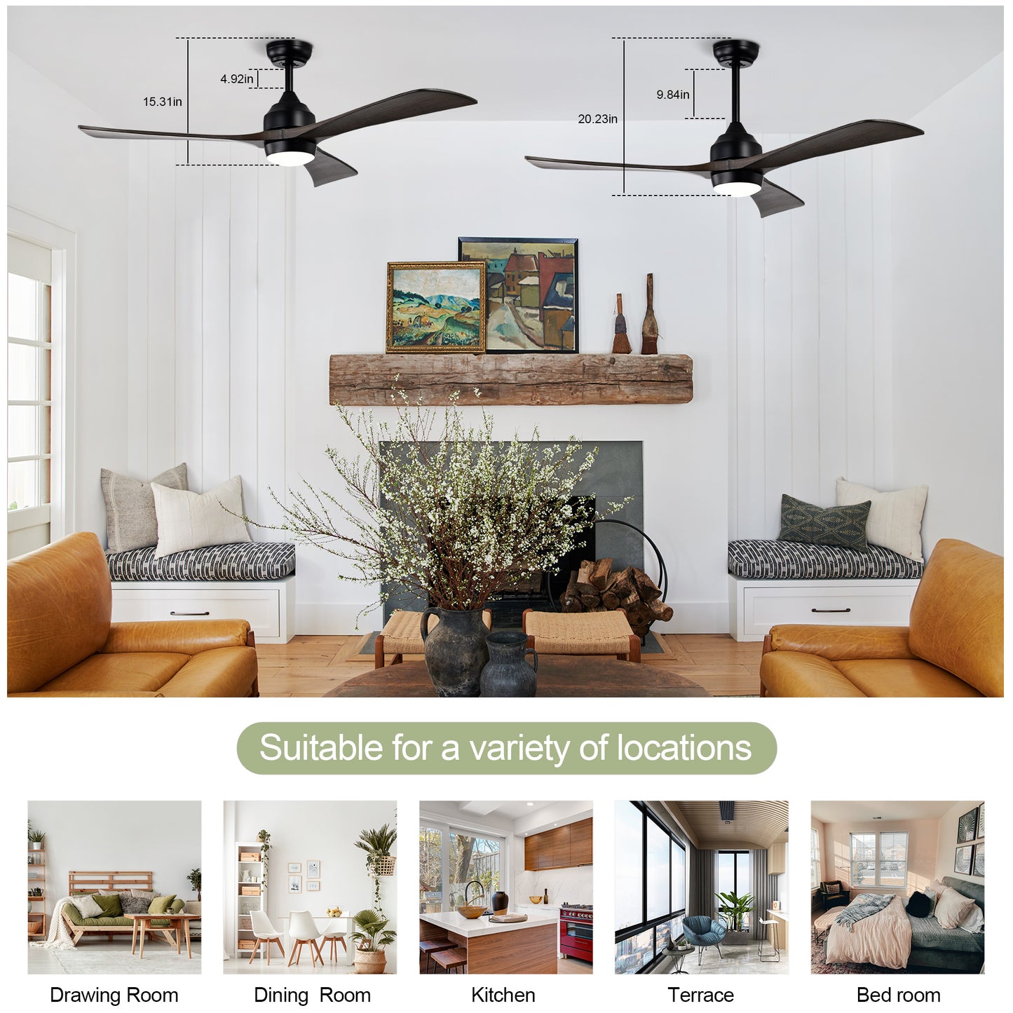 52in Solid Wood Blades Ceiling Fan With Lights Remote Control,Quiet DC Motor 3 Blade Ceiling Fans 6 Speed Levels,Reversible Ceiling Fan, For Patio Living Room, Bedroom, Office,Indoor.  Matte Black