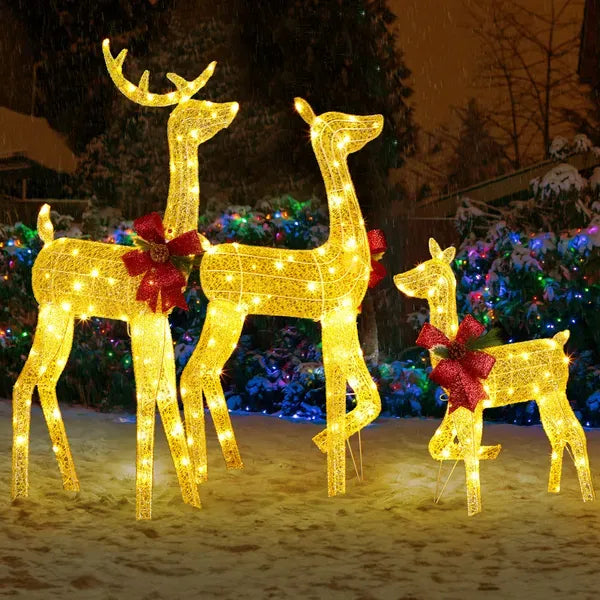 3-Piece Lighted Christmas Reindeer Family Set Outdoor Decorations, Weather Proof 2D Deer Family Set Of 3 Christmas Ornament Home Decor Pre-lit 200 LED Warm White Lights With Stakes, Golden
