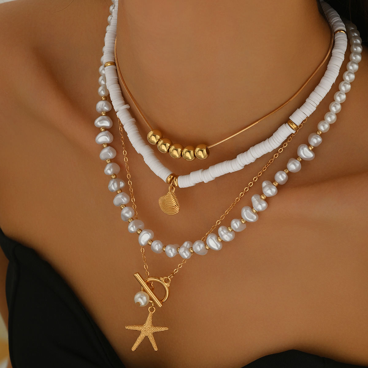 Cross-border European American Women Geometric Jewelry Set, Niche Ocean Style Long Clavicle Necklace Inlaid Shell & Faux Pearl, Versatile Daily Neck Accessories For Ladies