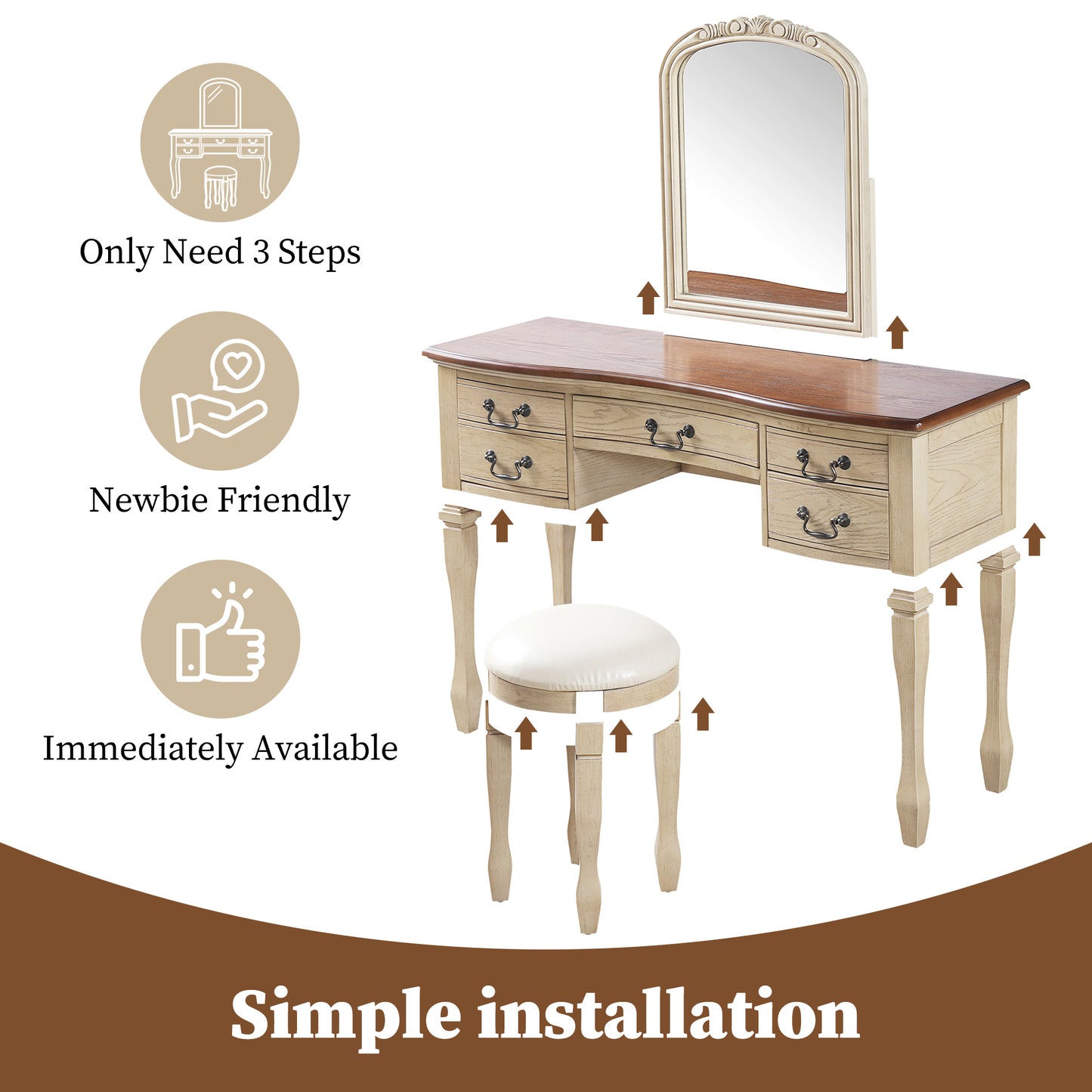 46 Vintage Makeup Vanity With  Curved Flower Frame Mirror, Elegant Dressing Table With 5 Drawers And Leather Stool, Vanity Desk With Solid Wood Legs And Antique Handles For Bedroom