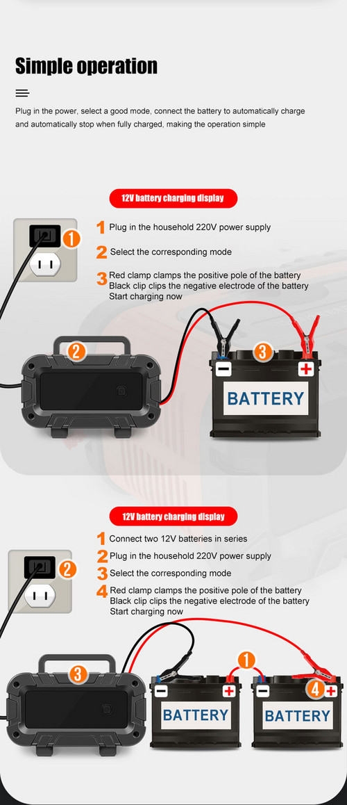 12v-20A 24v-10A Smart Battery Charger Lifepo4 Lead-Acid Agm-Gel Trickle Charger Battery Maintainer For AGM Lithium Motorcycle Boat Caravan Batteries 19x12.5x9.5cm Red