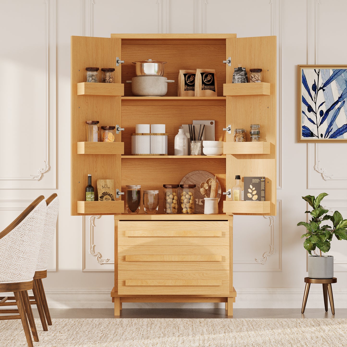 70  Kitchen Pantry Cabinet With 2 Cabinet Shelves,Luxurious Wooden Cupboard With 6 Door Shelves And 3 Drawers For Kitchen, Dining Room,Natural