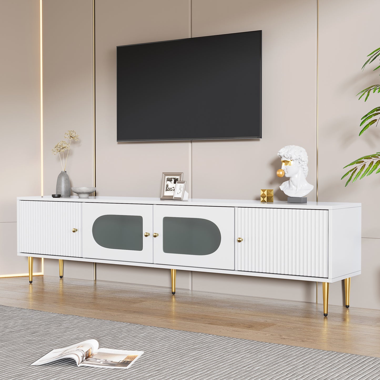 Elegant 170x35x50cm TV Cabinet -White Body With Golden Legs And Handles, 2 Doors With Vertical Grooves, 2 Doors With Arc Glass, 35KG Load Capacity,TV Cabinet,TV Board,TV Base Cabinet