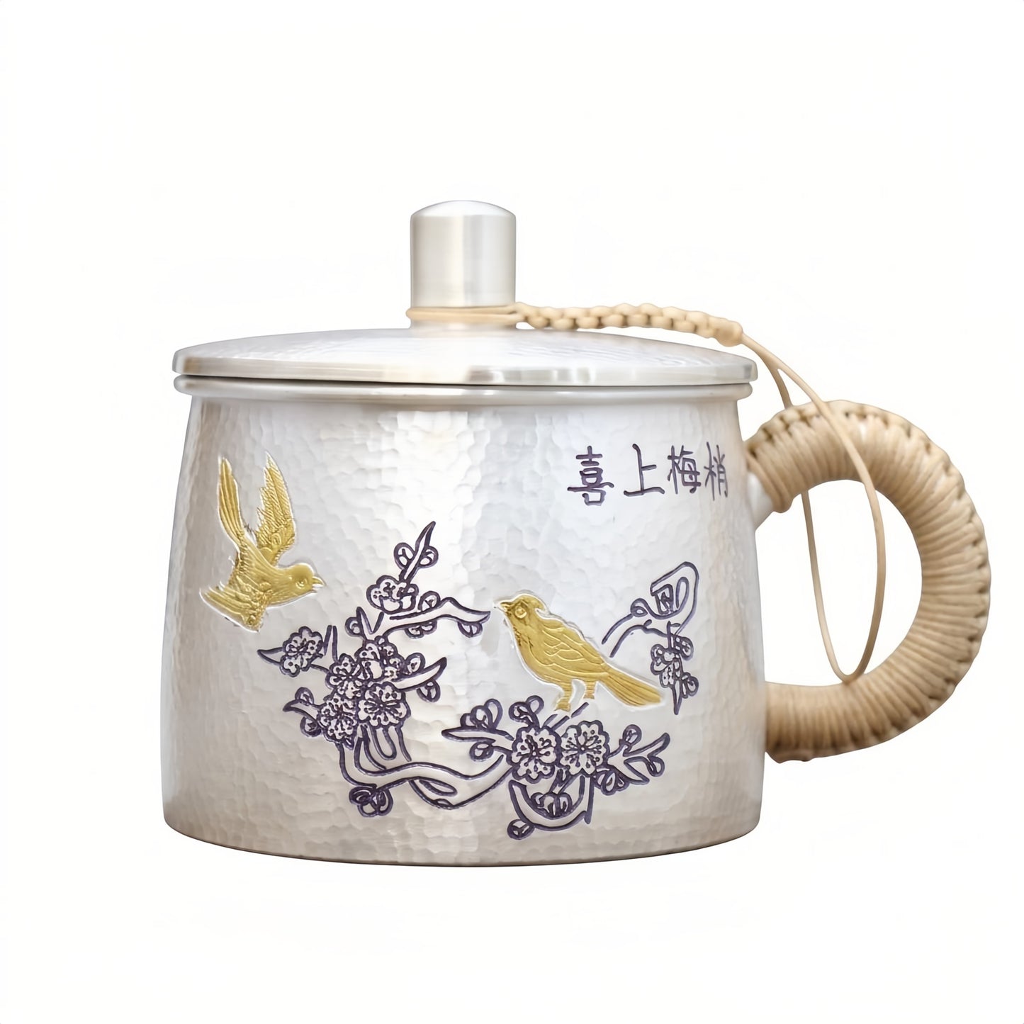 925 Sterling Silver Handcrafted Hammered Silver-Toned Tea Mug with Bird and Plum Blossom Engravings - Handicraft