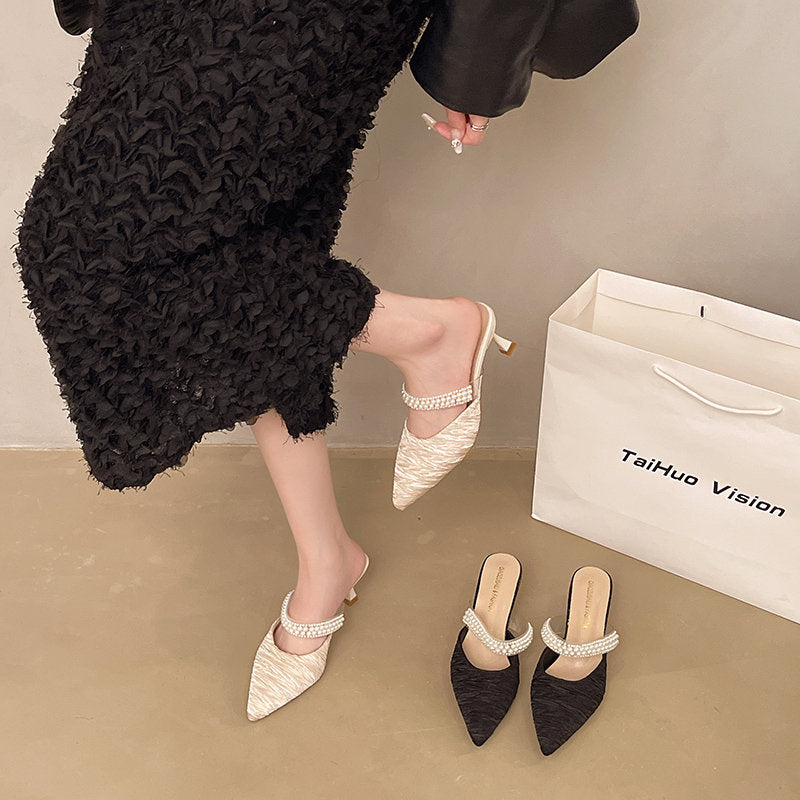 Women's Closed Toe Mule Slides, 2025 Summer Pointed Toe Rhinestone Stiletto Heel Sandals, Soft PU Comfort Outdoor Dress Heels