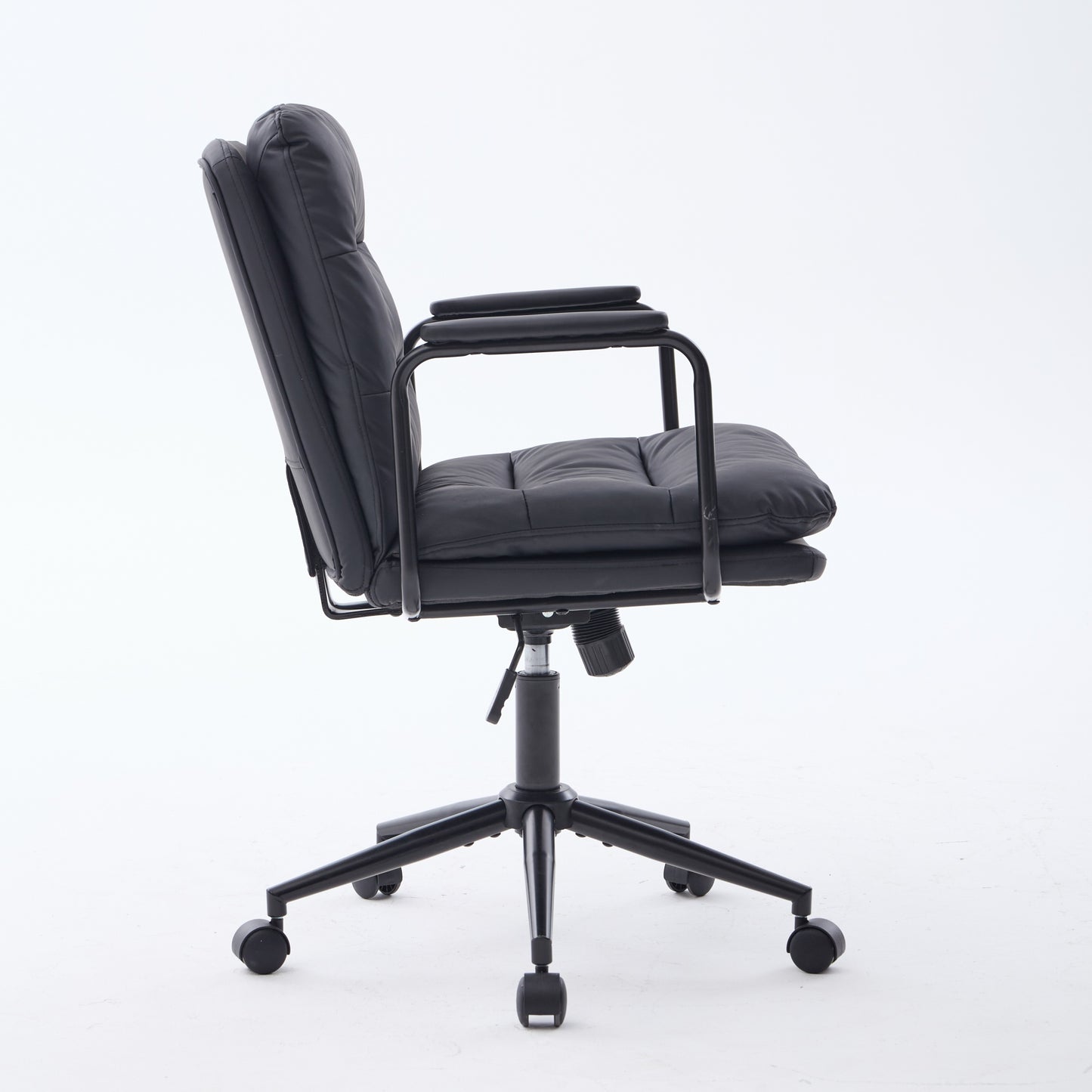Office Chair,Mid Back Home Office Desk Task Chair With Wheels And Arms Ergonomic PU Leather Computer Rolling Swivel Chair With Padded Armrest,The Back Of The Chair Can Recline 40 Black ,SW1741BK