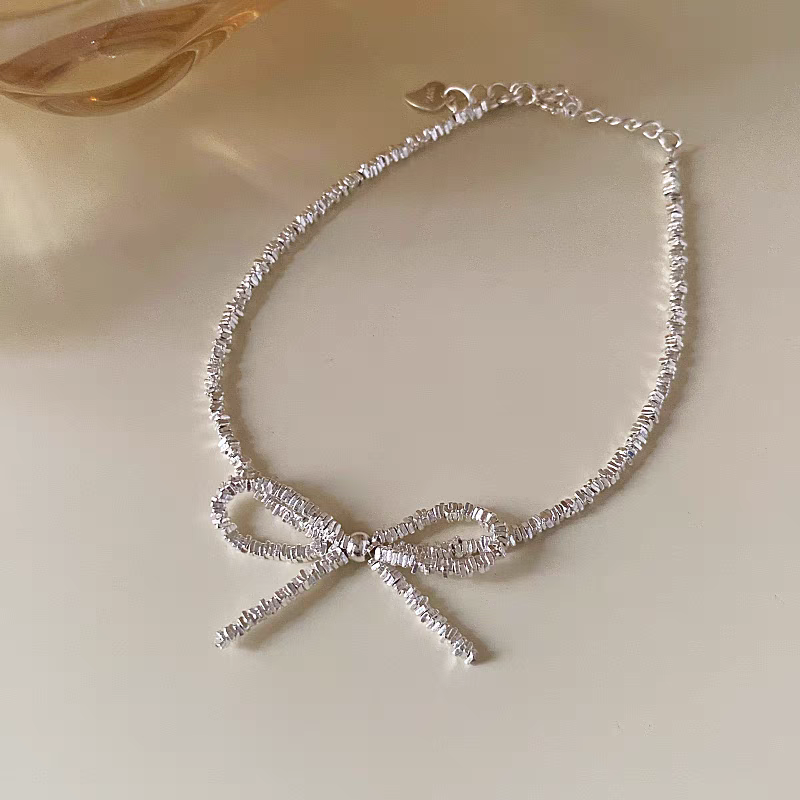 1 Set 999 Sterling Silver Bow Necklace And Bracelet Set, Shiny Minimalist Style, Perfect For Daily Wear And Valentine's Gift