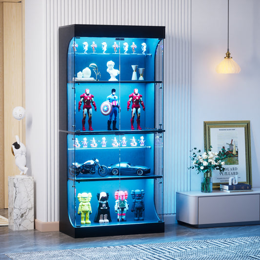 Four-storey Glass Display Case With Storage Space, LED Lighting, Glass Doors And Smart Sensors. Suitable As A Dustproof Glass Cabinet For Living Rooms, Bedrooms And Offices. Black. 80x35x165cm