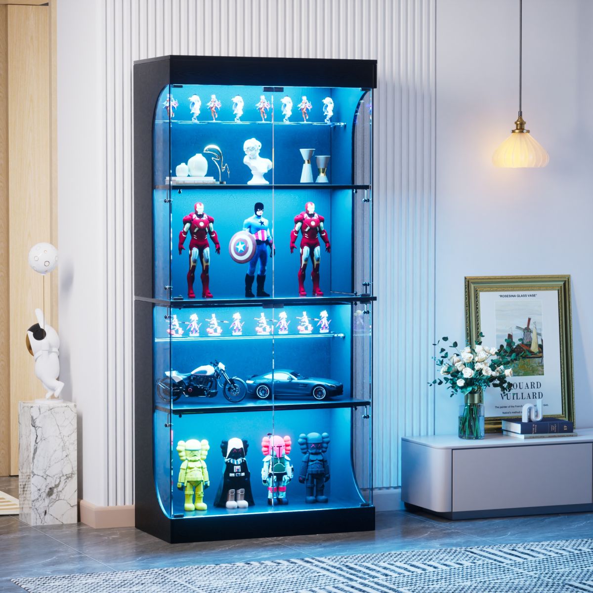 Four-storey Glass Display Case With Storage Space, LED Lighting, Glass Doors And Smart Sensors. Suitable As A Dustproof Glass Cabinet For Living Rooms, Bedrooms And Offices. Black. 80x35x165cm