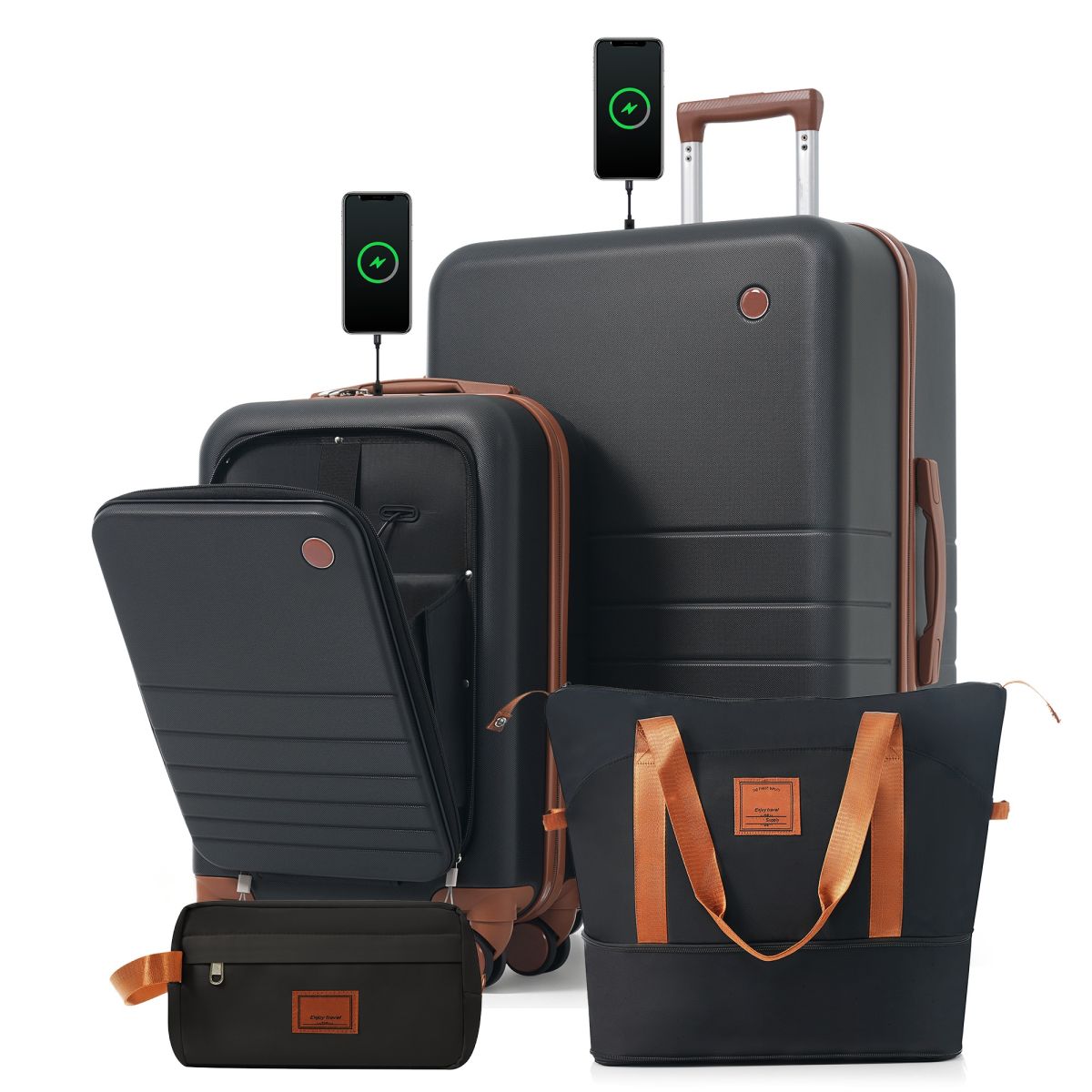 4-Piece Luggage Set with USB Charging Ports - 20in Carry-On (Front-Opening for Laptop) 28in Checked Suitcase with TSA Lock Travel Duffel Bag Wet-Dry Toiletry Bag, black and brown