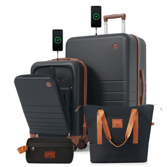 4-Piece Luggage Set with USB Charging Ports - 20in Carry-On (Front-Opening for Laptop) 28in Checked Suitcase with TSA Lock Travel Duffel Bag Wet-Dry Toiletry Bag, black and brown