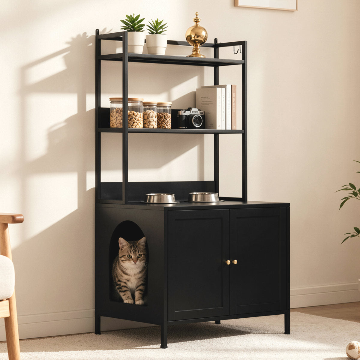 Metal Cat Litter Box Enclosure, 57  Tall Hidden Litter Box Cabinet With 3 Tier Storage Shelves, Large Indoor Cat House With Doors & 4 S-Hooks, Odor Control Pet Washroom Furniture For Large Cats, Black