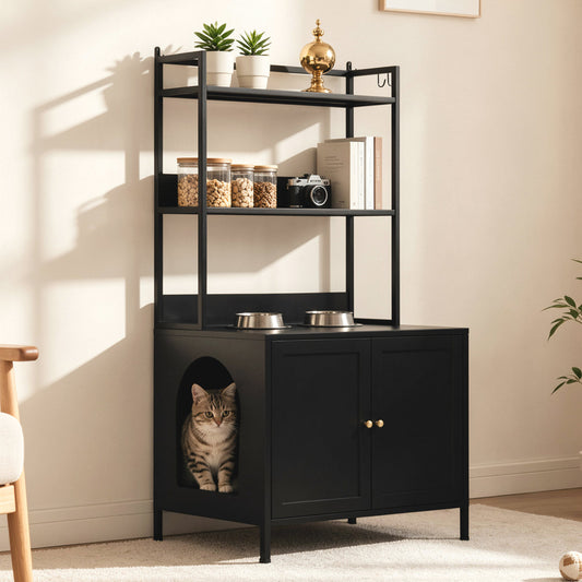 Metal Cat Litter Box Enclosure, 57  Tall Hidden Litter Box Cabinet With 3 Tier Storage Shelves, Large Indoor Cat House With Doors & 4 S-Hooks, Odor Control Pet Washroom Furniture For Large Cats, Black