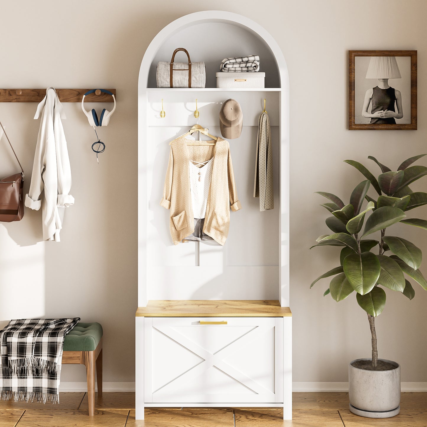 Multifunctional Wardrobe Cabinet With Shoe Rack, Shelf & Hook  Hall Tree For Entrance Area, Durable MDF Body, Modern Design, Sturdy Iron Feet, Practical Storage