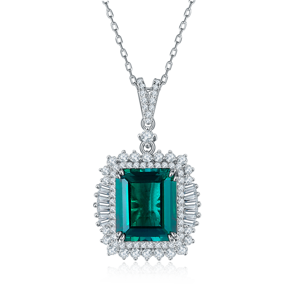 S925 Sterling Silver 10x12mm Lab-Grown Ruby Sapphire Emerald Halo Pendant Necklace, Platinum Plated 40&45cm Chain, 5.5g Women's Jewelry Gift Box