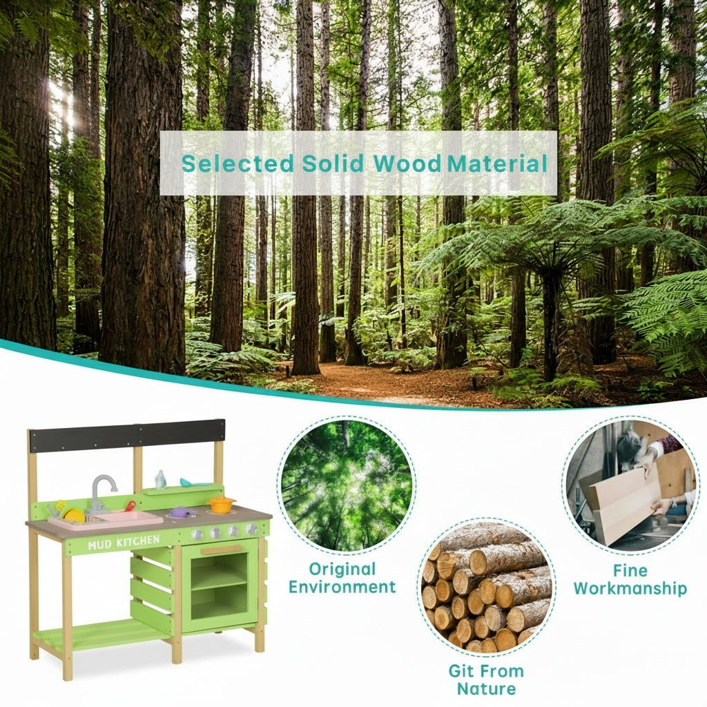 Kids Play Kitchen, Wood Mud Kitchen With Water Play Set & Cooking Toys For Outdoor, Gift For 3-8