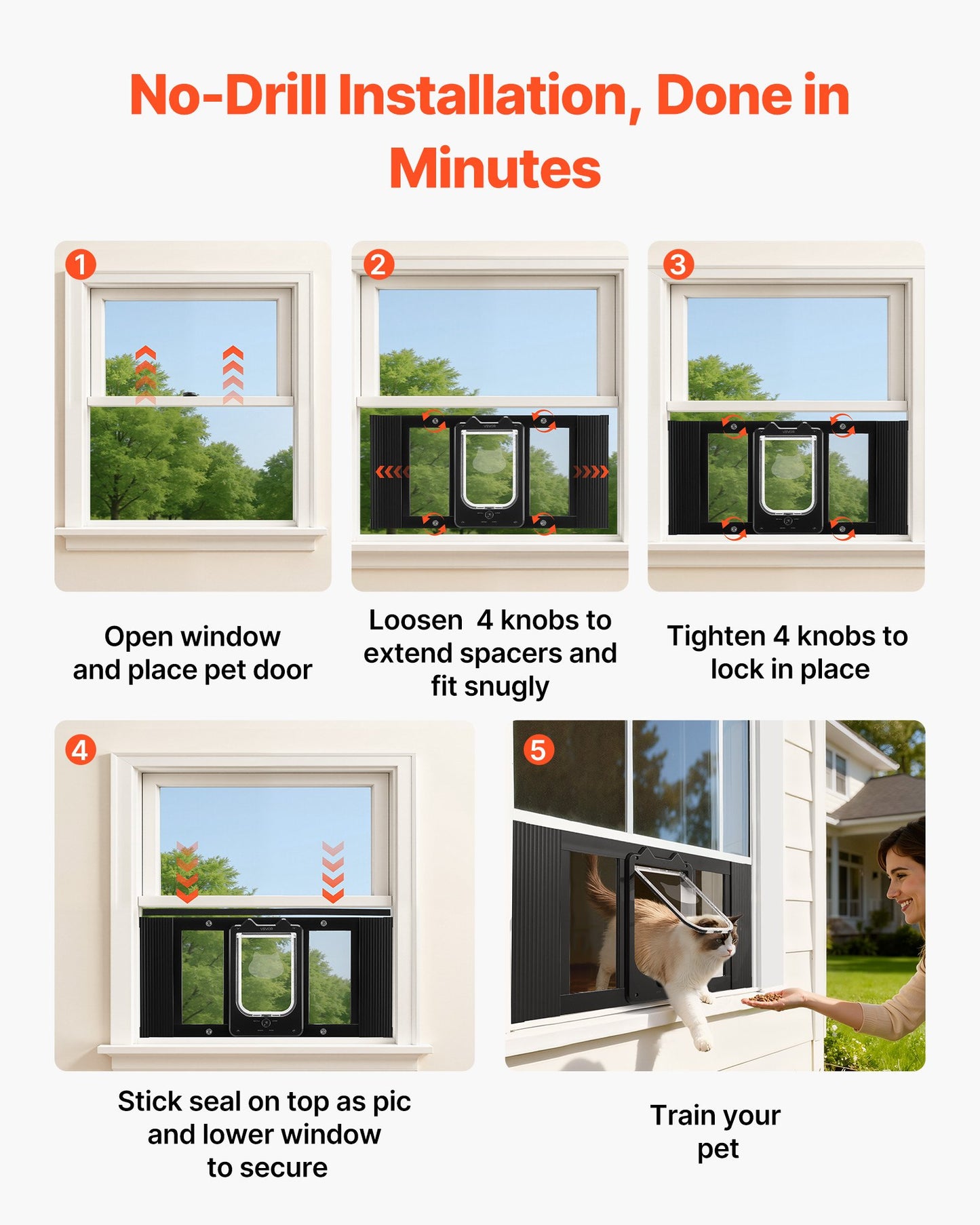 Cat Door For Window, Adjustable To Fit Window Width 27"-32", 4 Secure Lock Modes, Aluminum Frame And High-Transparency Glass, Magnetic Closure, Weatherproof Quick-Fit Pet Door For Cats, Black