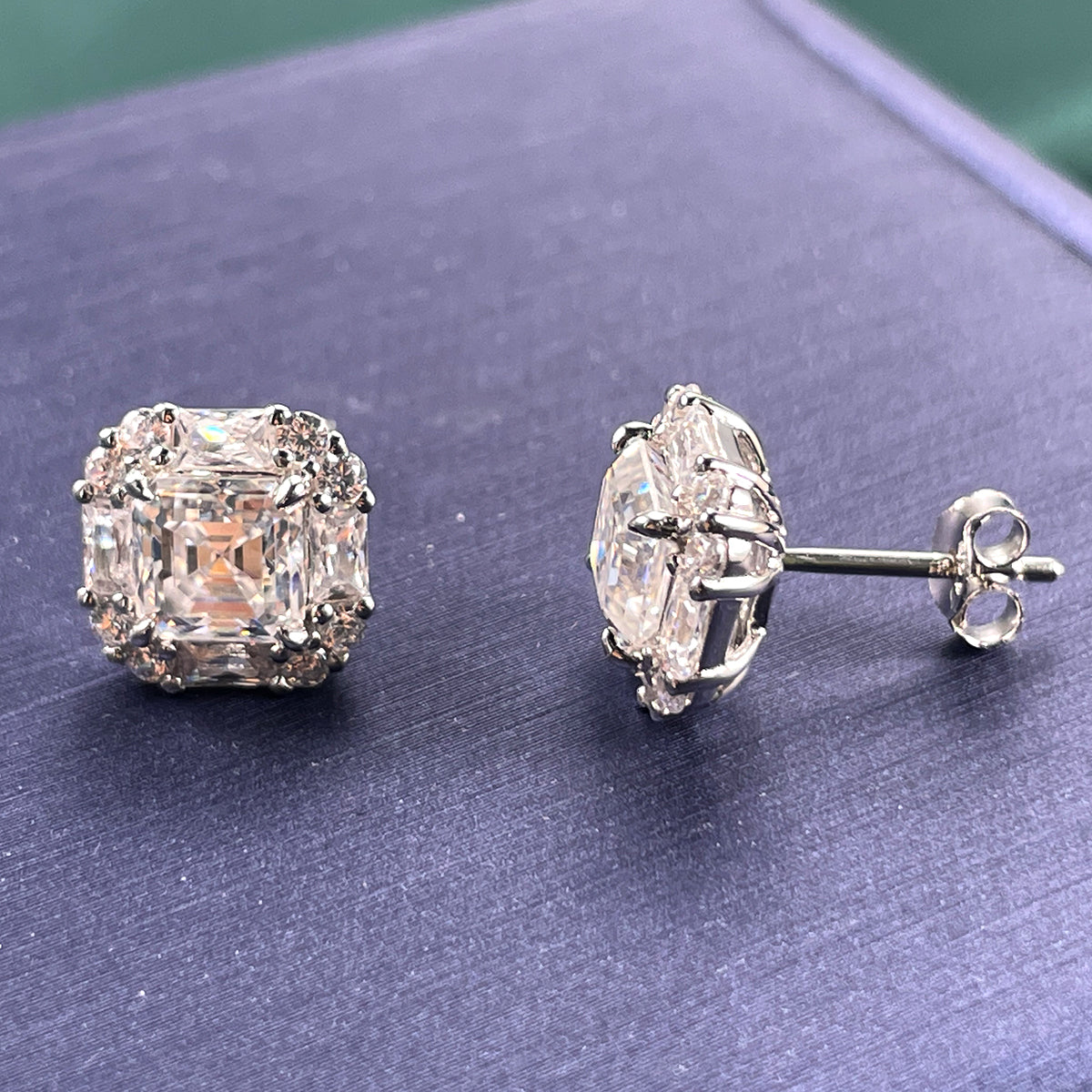 S925 Sterling Silver Halo Stud Earrings, 6mm D-VVS1 Asscher Cut Moissanite, Platinum Plated 2.6g Women's Jewelry Gift Box