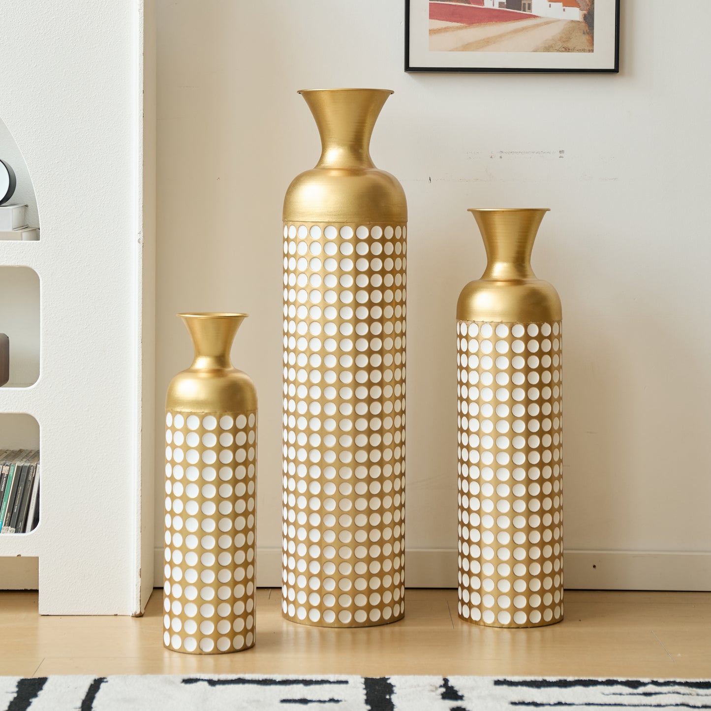 3-Piece Golden Metal Floor Vase Set With White Dot Pattern, Stackable Space-Saving Packaging, Tall Stand Vases For Dried Flowers Pampas Grass, Luxury Home Decoration For Living Room Hallway Hotel, Non