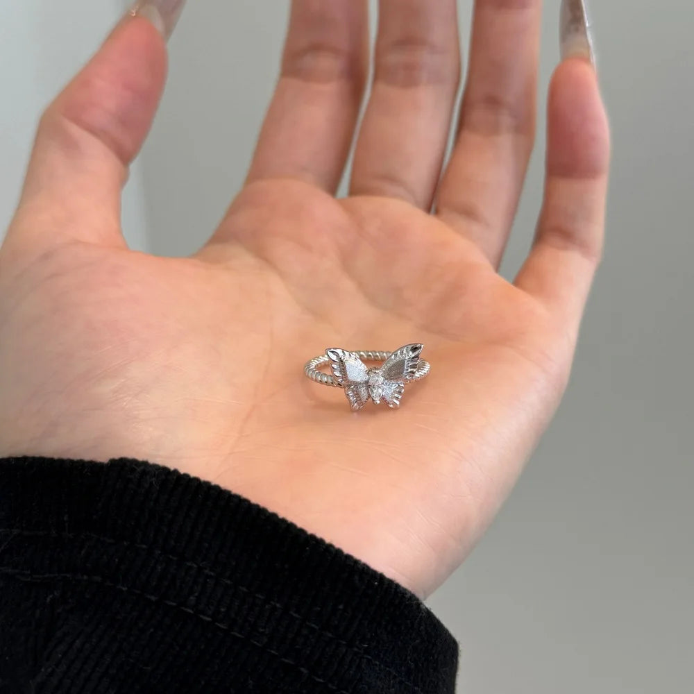 S925 Silver Accessories New Chinese Ancient Bow Frosted Zircon Silver Ring