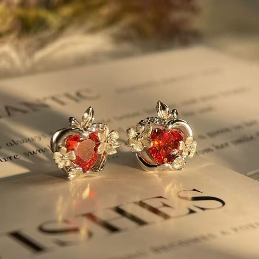 Love And Deepspace Xia Yizhou Ruby Red Zircon Begonia Flower Stud Earrings, Sweet High Appearance Game Peripheral Jewelry, Ideal Gift For Fans & Girlfriend