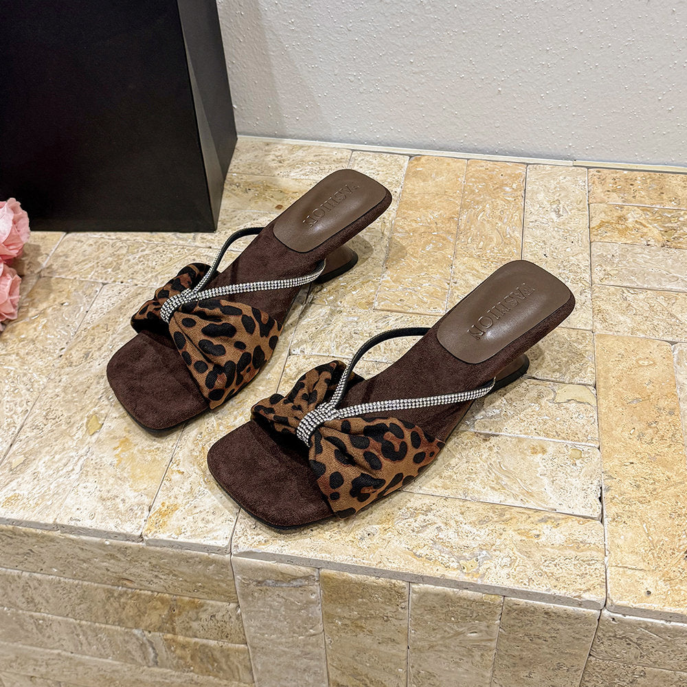 Women's Satin Rhinestone Sandals, 2026 Summer Sexy Leopard Print Ultra High Heels, Outdoor Wear Slide Slippers