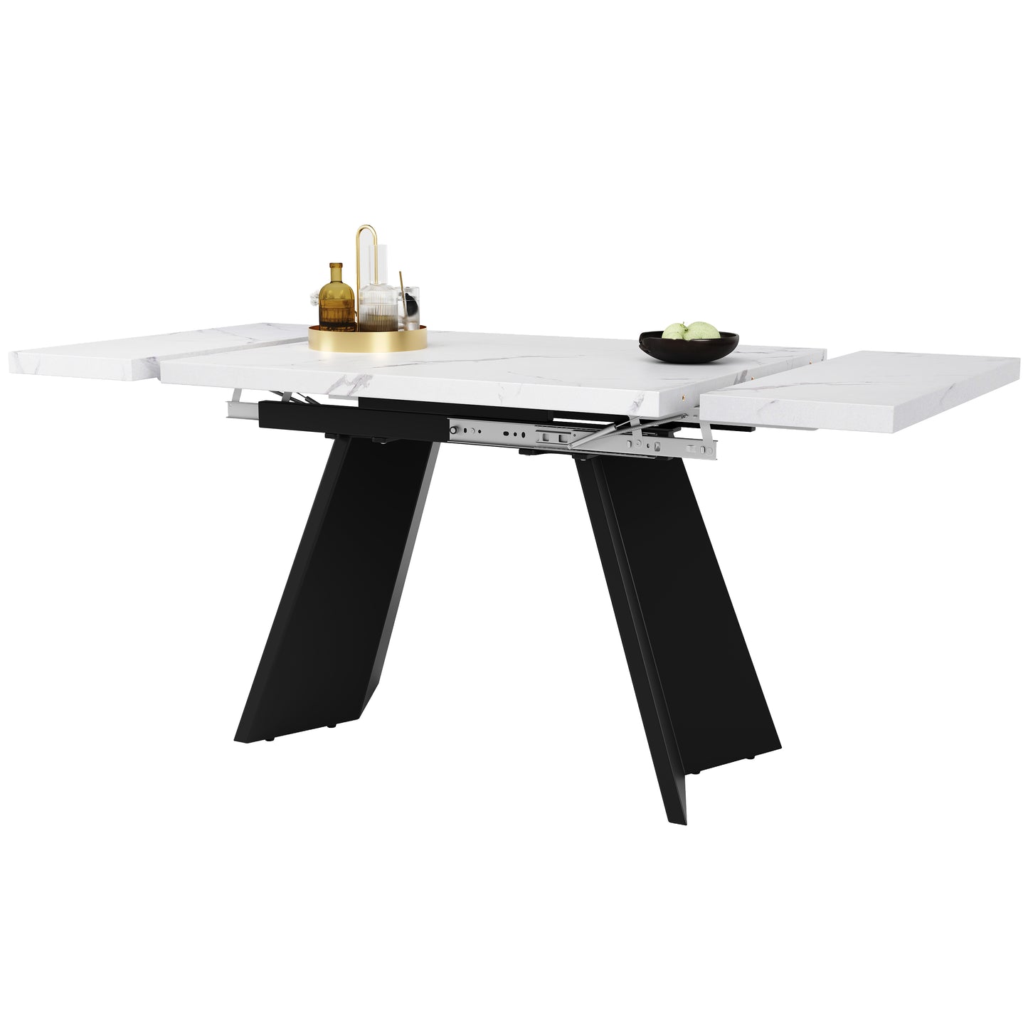 Telescopic Dining Table  99-159X74cm , Extendable Dining Table, Space-Saving Kitchen Table, Wide Work Surface, Flexible Design, For Home Office And Living Room, White Table Top With Flat Table Legs