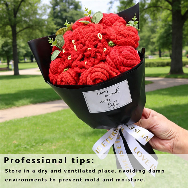 Hand-crocheted Red Rose Bouquet Paired With Eucalyptus Preserved Wool Flowers, Eleg In Black Luxurious Wrapping For A Romantic Floral Gift.