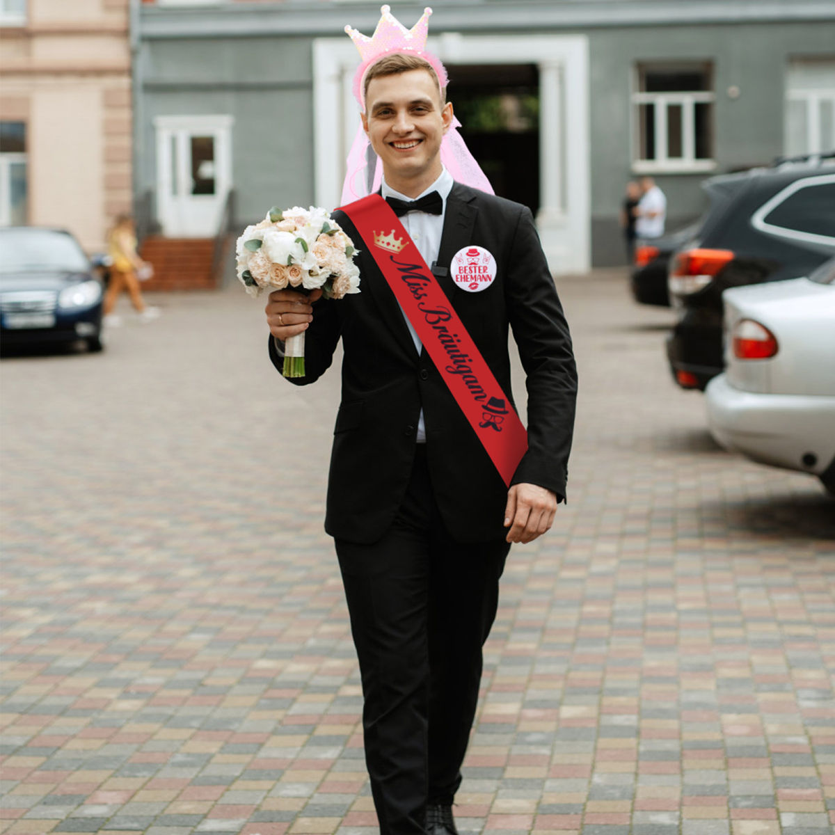 Groom's Bachelor Party Costume Set—Includes Veil, Skirt, Pin, And Sash For Parties—Party Accessories Set