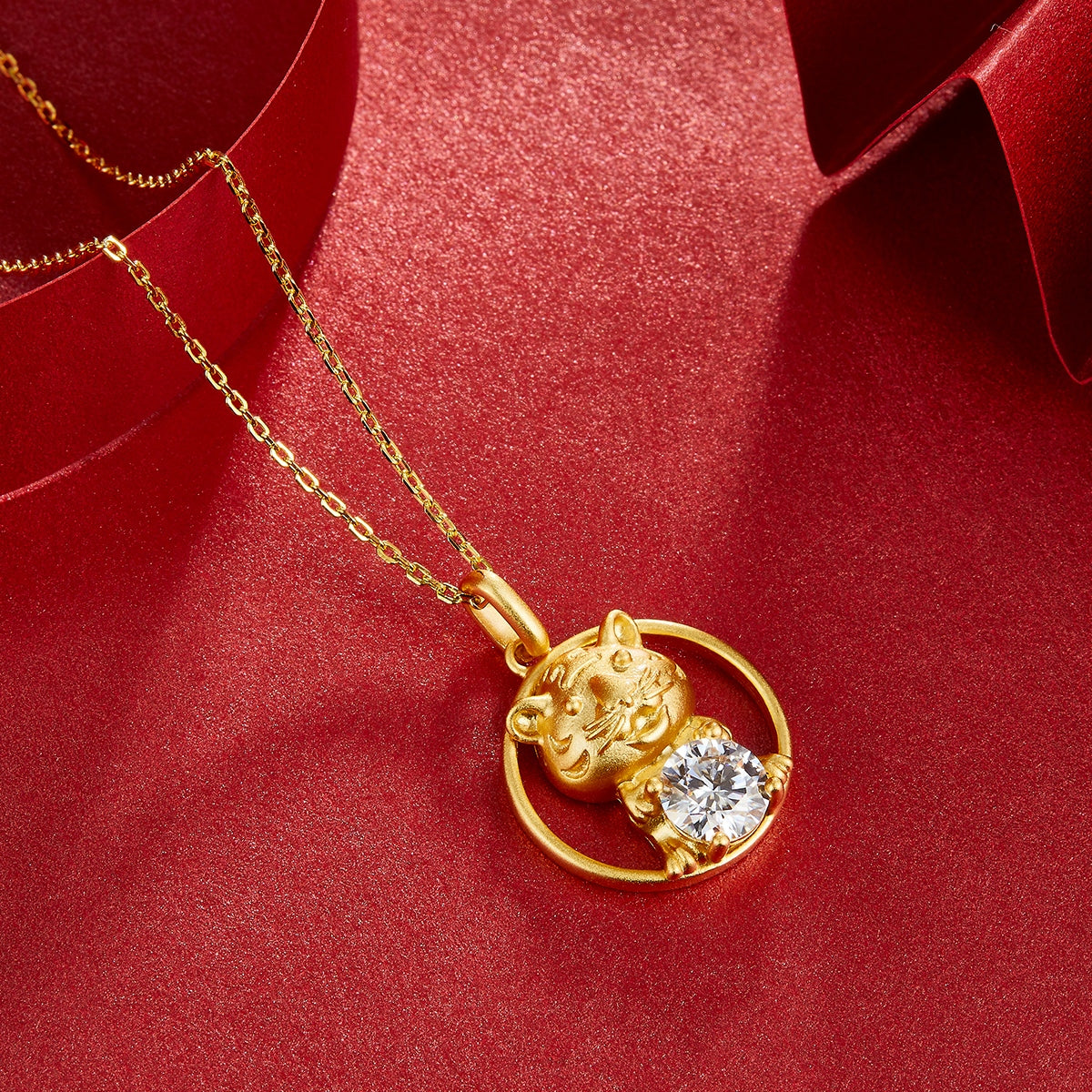 S925 Sterling Silver Gold Plated 1ct D Color VVS1 Moissanite Tiger Necklace 5g Chinese Zodiac Benmingnian Gift GRA Certified Gift Box
