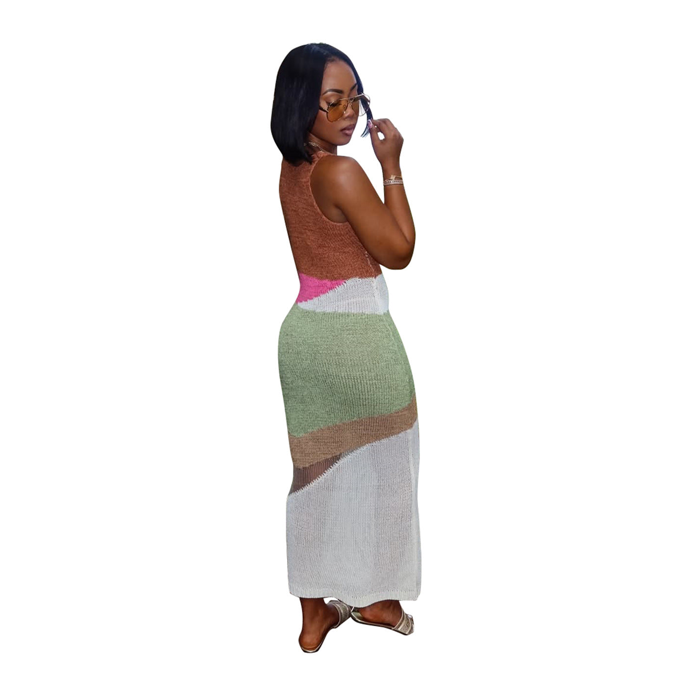 Womens Fashion Casual Color-block Knit Dress