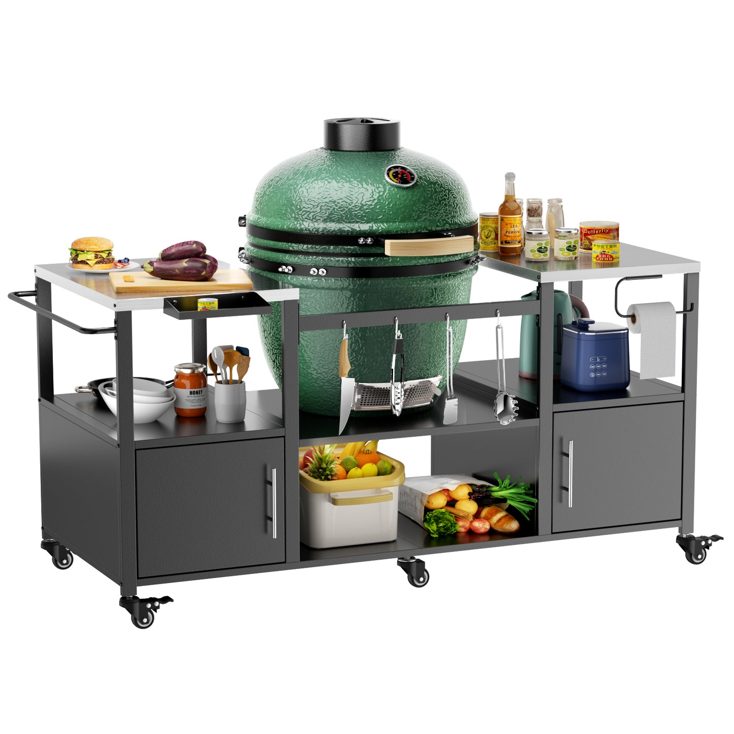 Outdoor Grill Table For Big Green Egg Style BBQ, Metal Grill Cart With Storage Box, Compatible With Up To Large Green Egg, Kamado Joe Jr