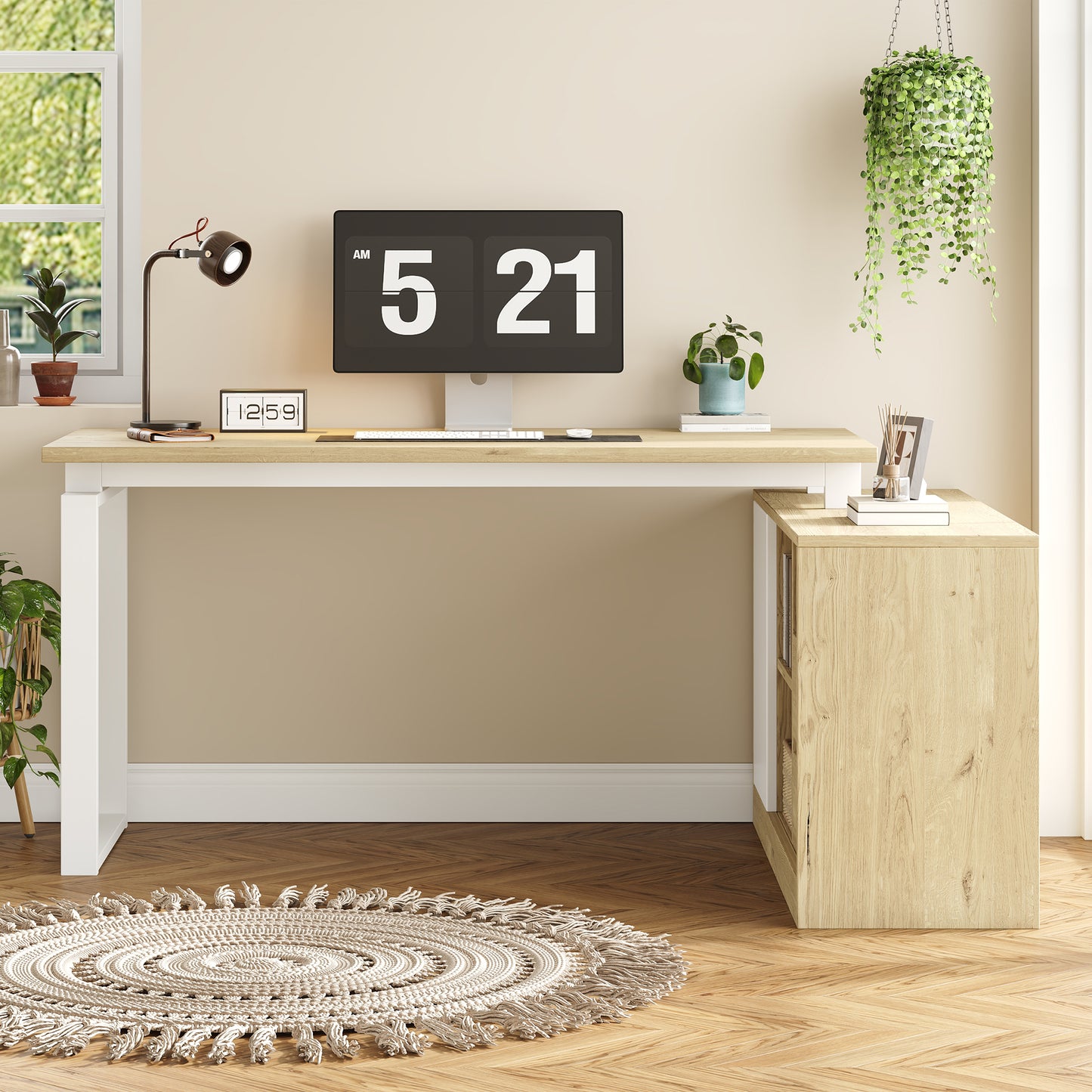 L-shaped Desk, Office Table, With 2 Drawers, 3 Open Shelves, 1 Closed Cabinet, Adjustable Shelves, Natural Wood Color  White.